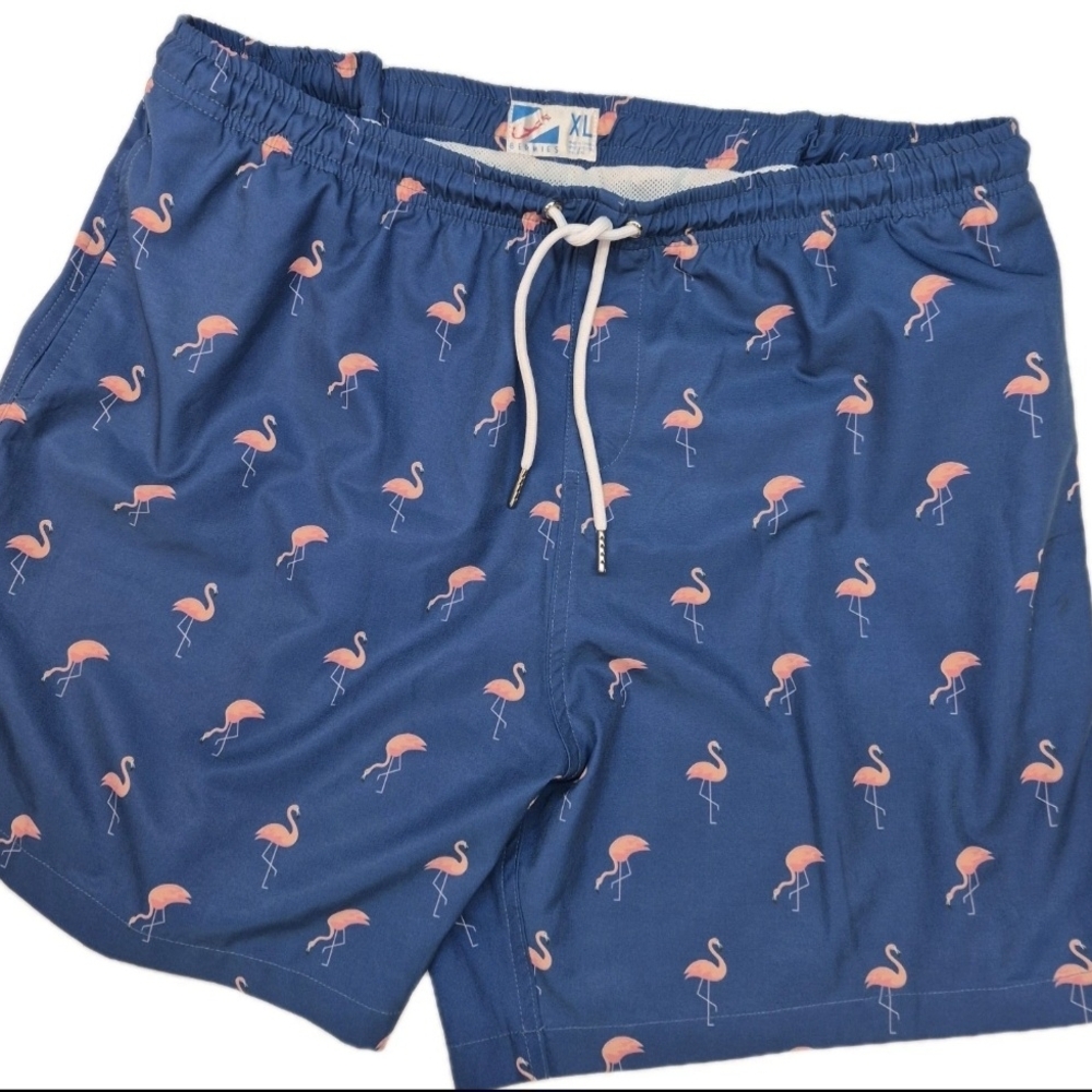 Bermies Men's XL Flamingo Swim Trunks Blue Beach Spring Break Destination Vaca